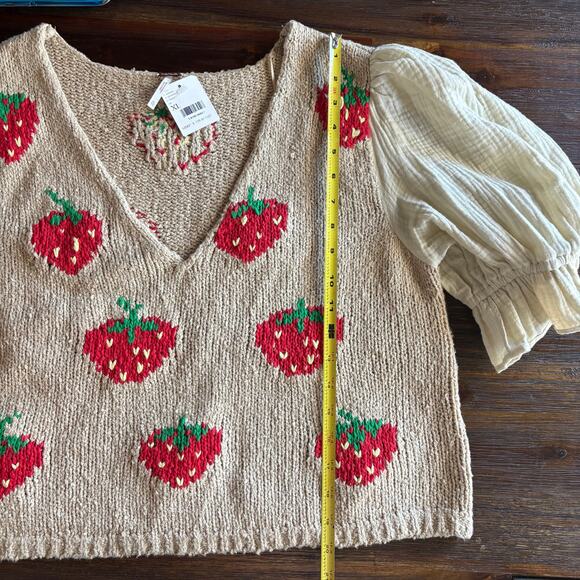 FREE PEOPLE | NWT Women's Strawberry Jam Mixed-Media Crop Top Tan Red Sz XL - Picture 6 of 7